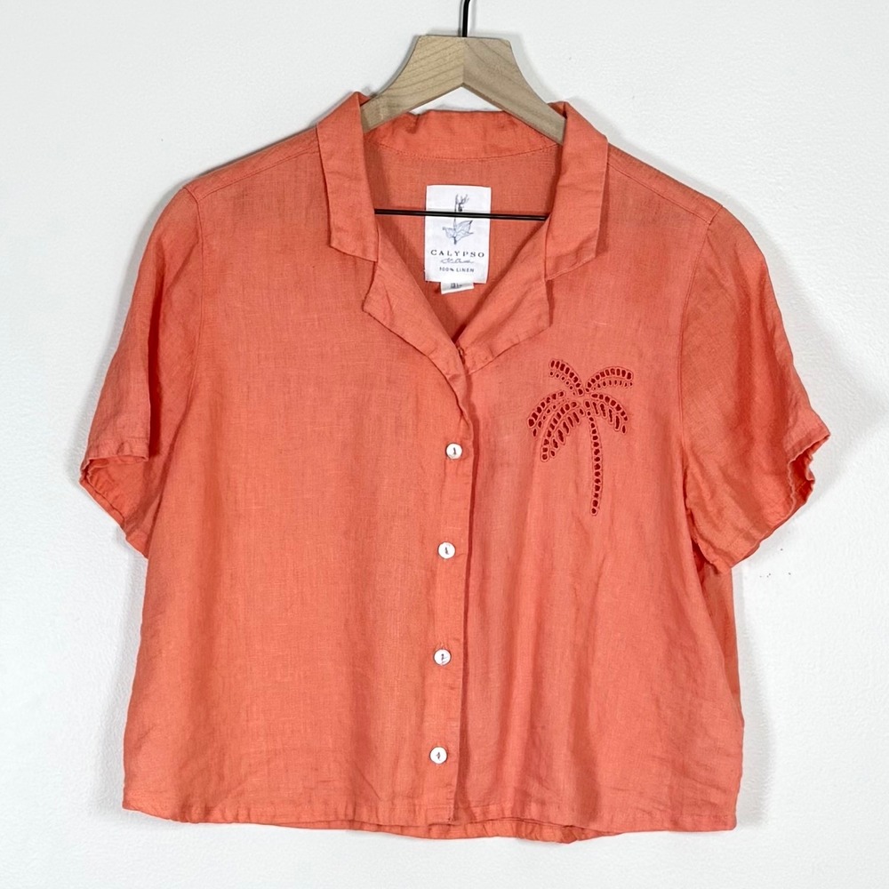 Calypso St. Barth Womens Linen Camp Shirt L Coral Eyelet Palm Relaxed Boxy Fit